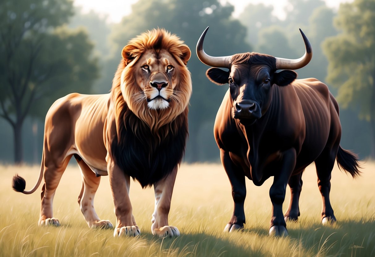 A confident lion and a sturdy bull stand side by side, their energy harmonizing in a tranquil meadow