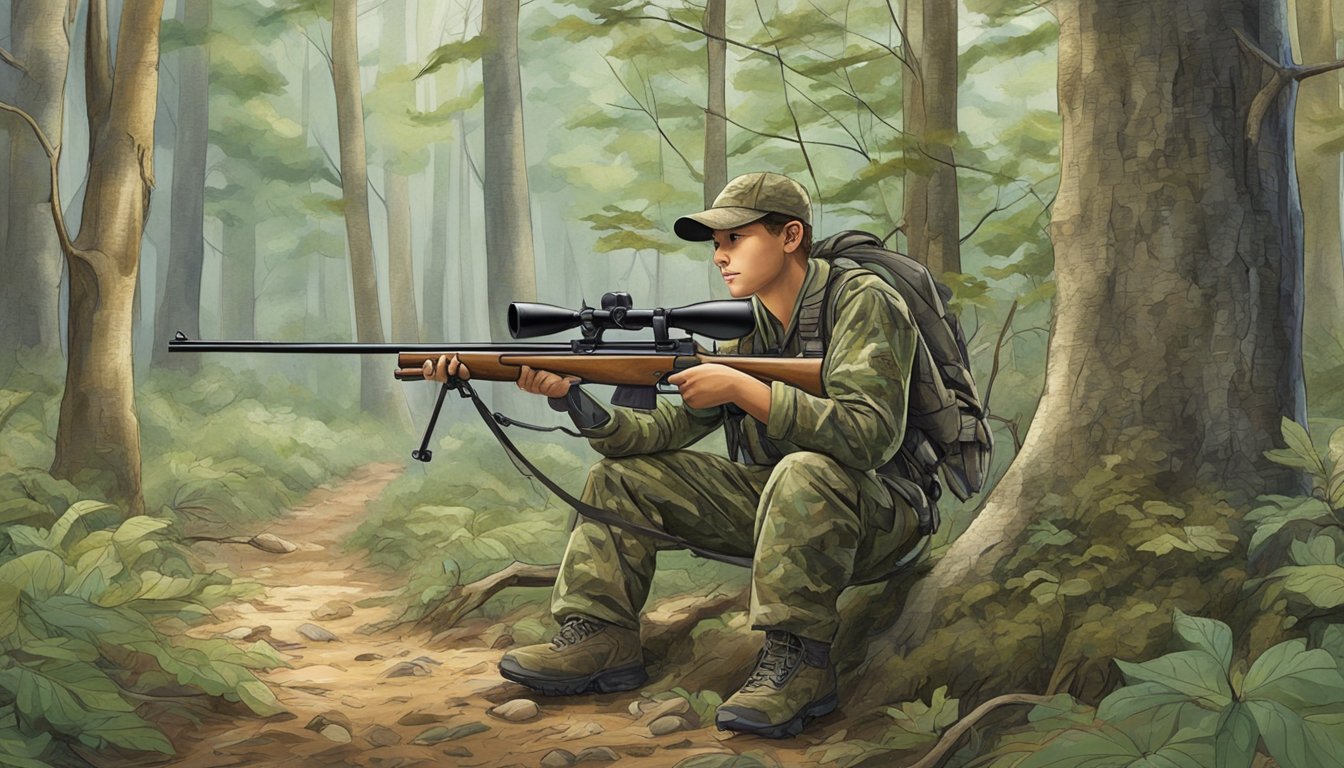 A forest clearing with a tree stand, rifle, and camouflaged youth hunting bibs hanging from a branch