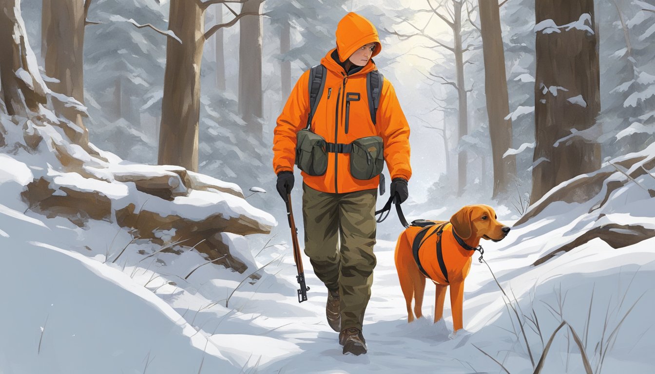 A hunter wearing bright orange youth hunting bibs walks through a wooded area, carrying a rifle and accompanied by a hunting dog