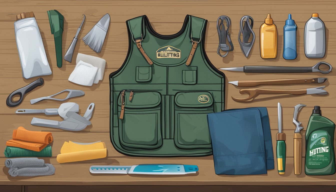 A pair of youth hunting bibs is laid out on a workbench, surrounded by cleaning supplies and tools. The bibs show signs of wear and tear, with patches and scuffs