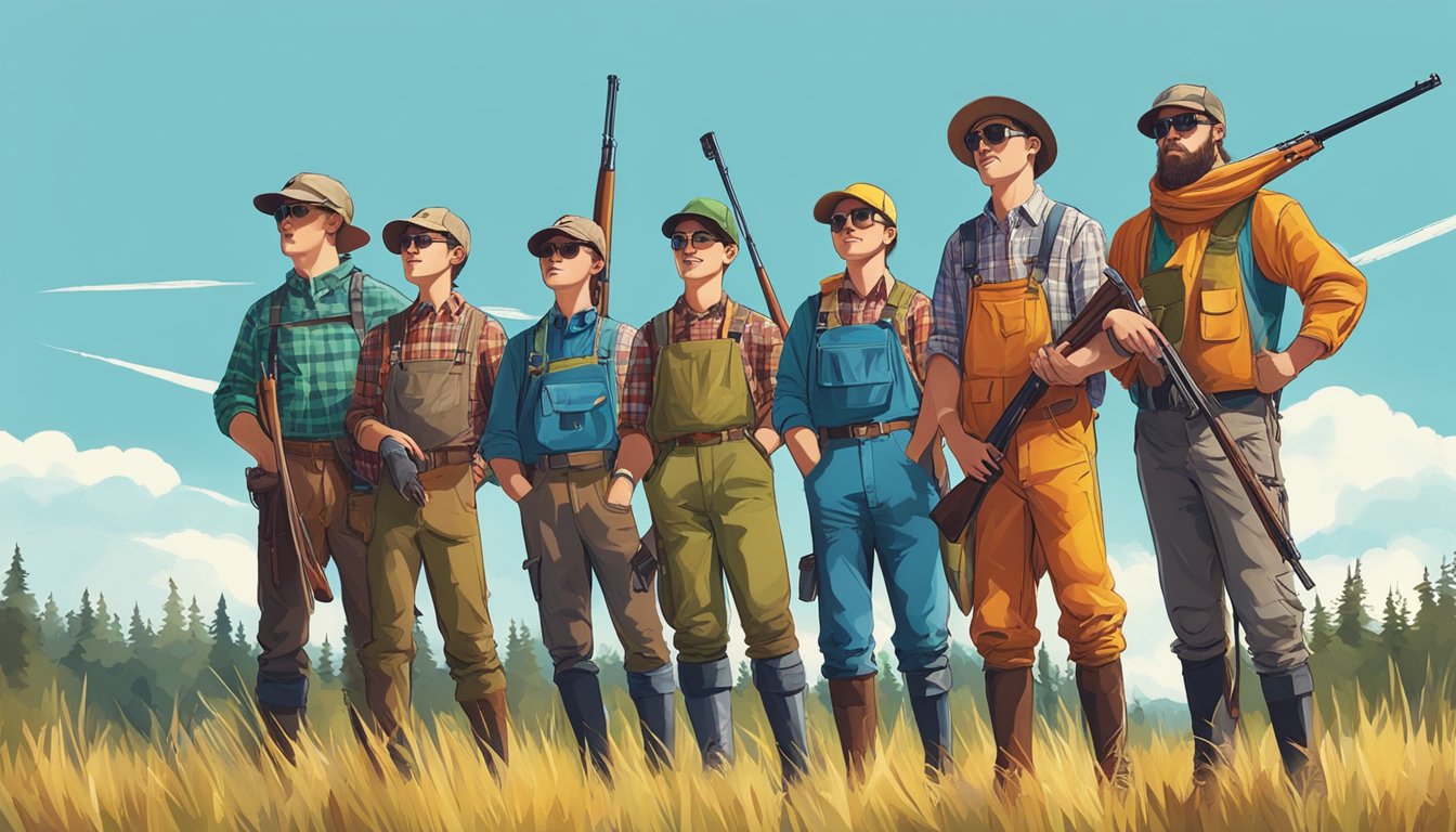 A group of young hunters wearing brightly colored bibs, surrounded by a forest and a clear blue sky