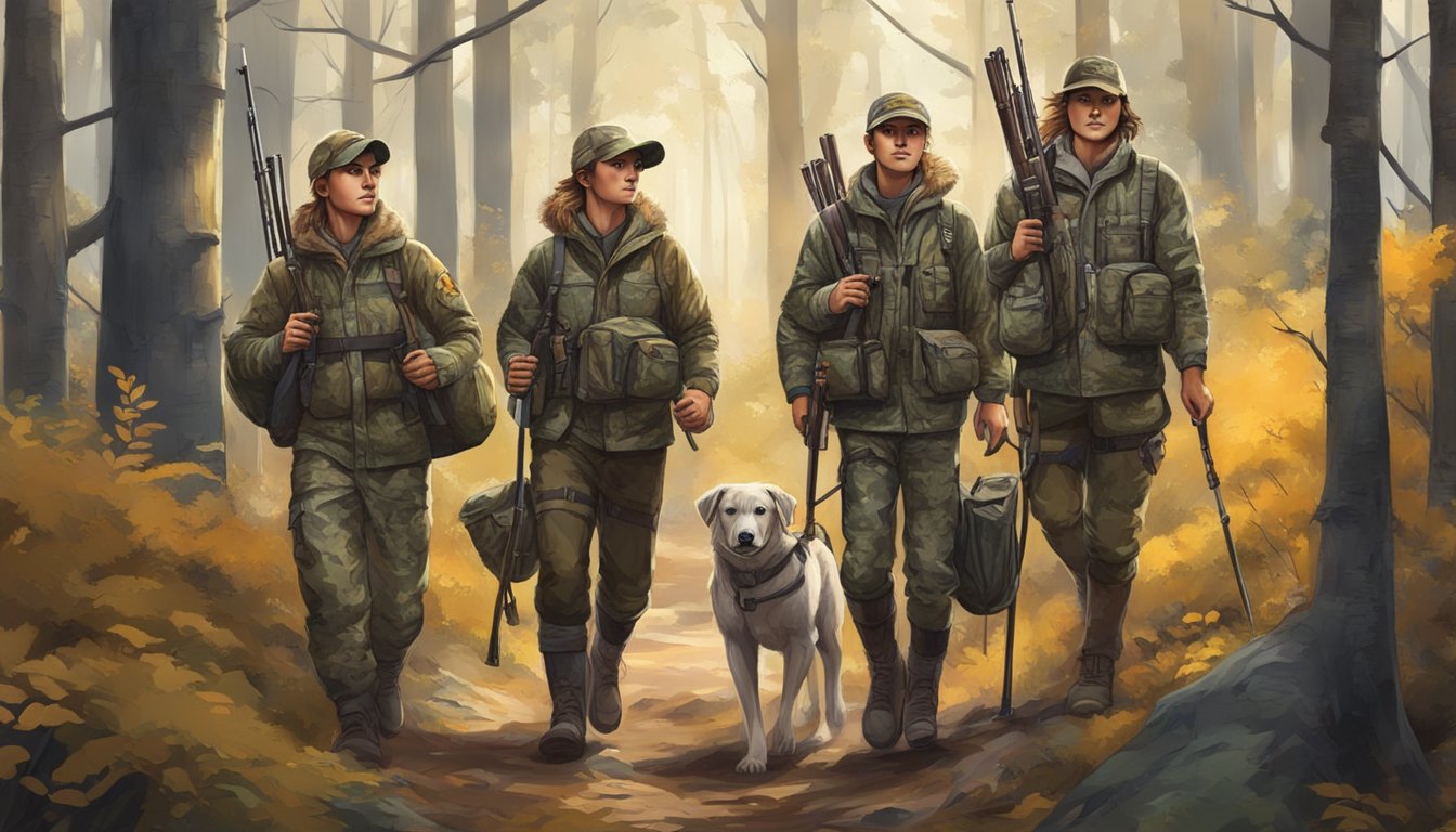 A group of young hunters wearing innovative hunting bibs, equipped with modern features and camouflage patterns, trek through a wooded area with their gear