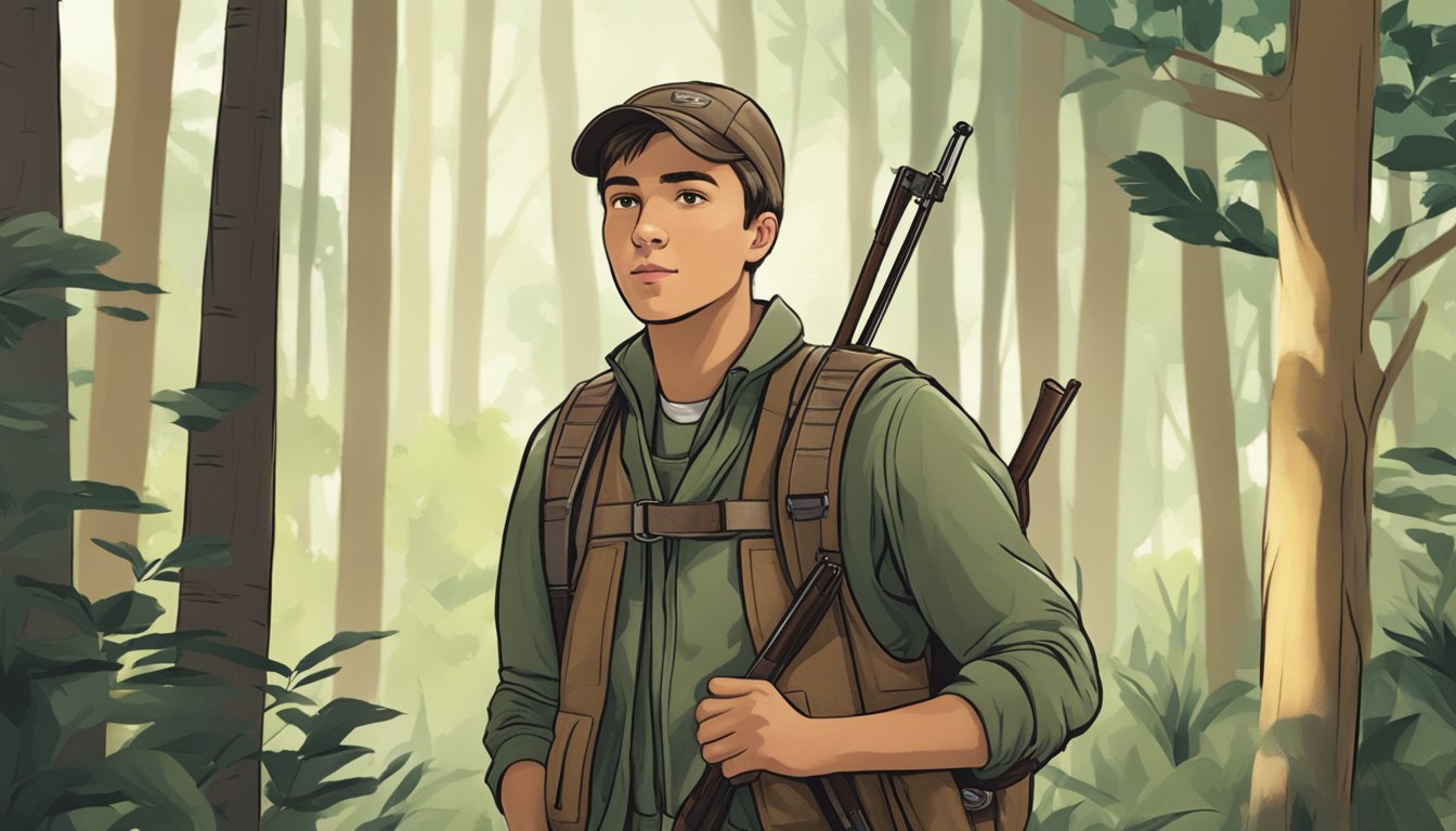 A young hunter wearing bibs, standing in a forest setting with trees and wildlife in the background