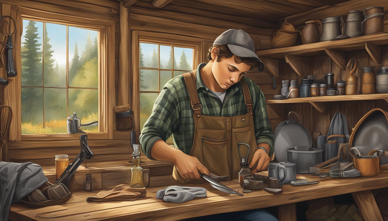 A young hunter tries on bibs in a rustic cabin, surrounded by hunting gear and woodland scenery