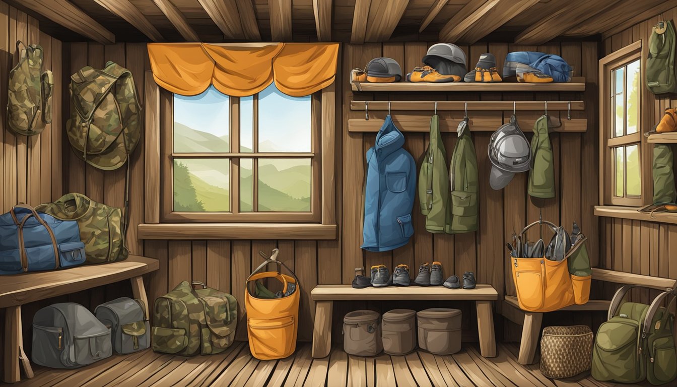 A child's hunting bibs hanging on a hook, surrounded by hunting gear and camouflage clothing in a rustic cabin