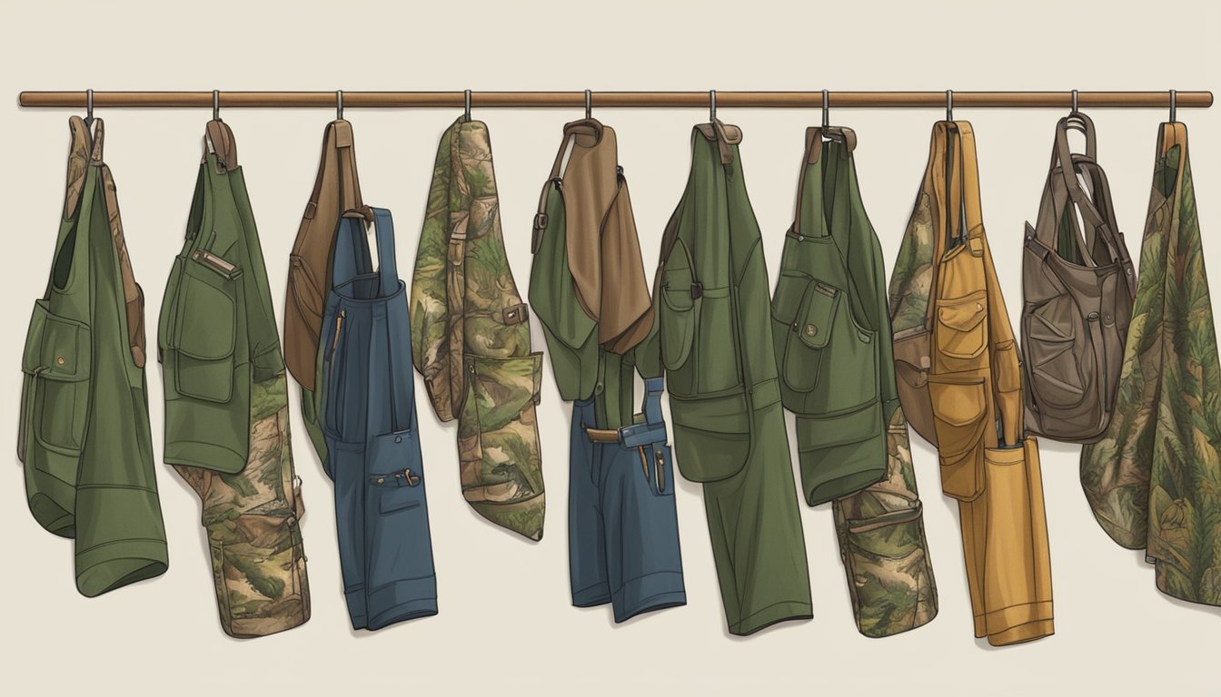 A forest clearing with a variety of youth hunting bibs displayed on a wooden rack, surrounded by trees and wildlife