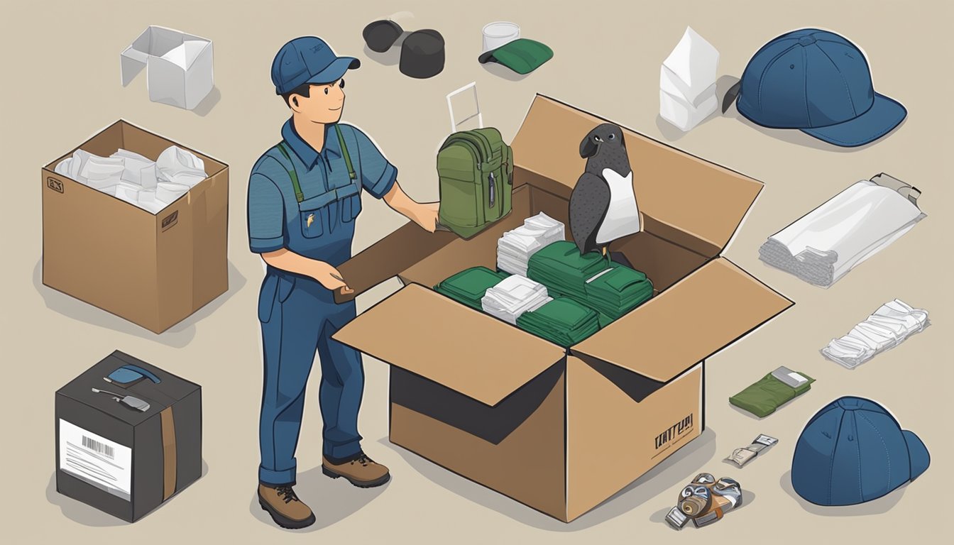 A package of youth hunting bibs being placed in a shipping box by a person wearing a uniform, surrounded by various shipping supplies and labels