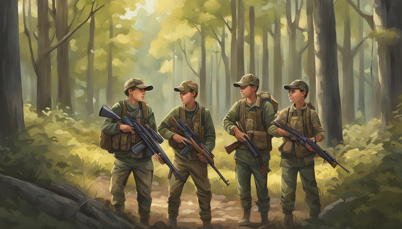 A group of young hunters wearing camouflage bibs and carrying rifles in a wooded area. They are accompanied by an adult mentor, emphasizing safety and responsible hunting practices