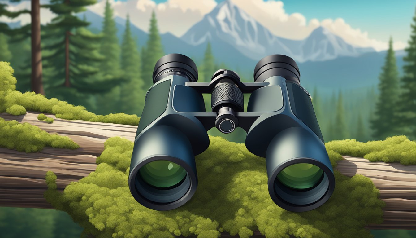 A pair of binoculars resting on a mossy log, with a backdrop of a dense forest and a distant mountain range