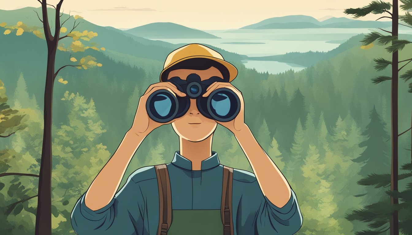 A young person holding binoculars, with a forest background and wildlife in the distance