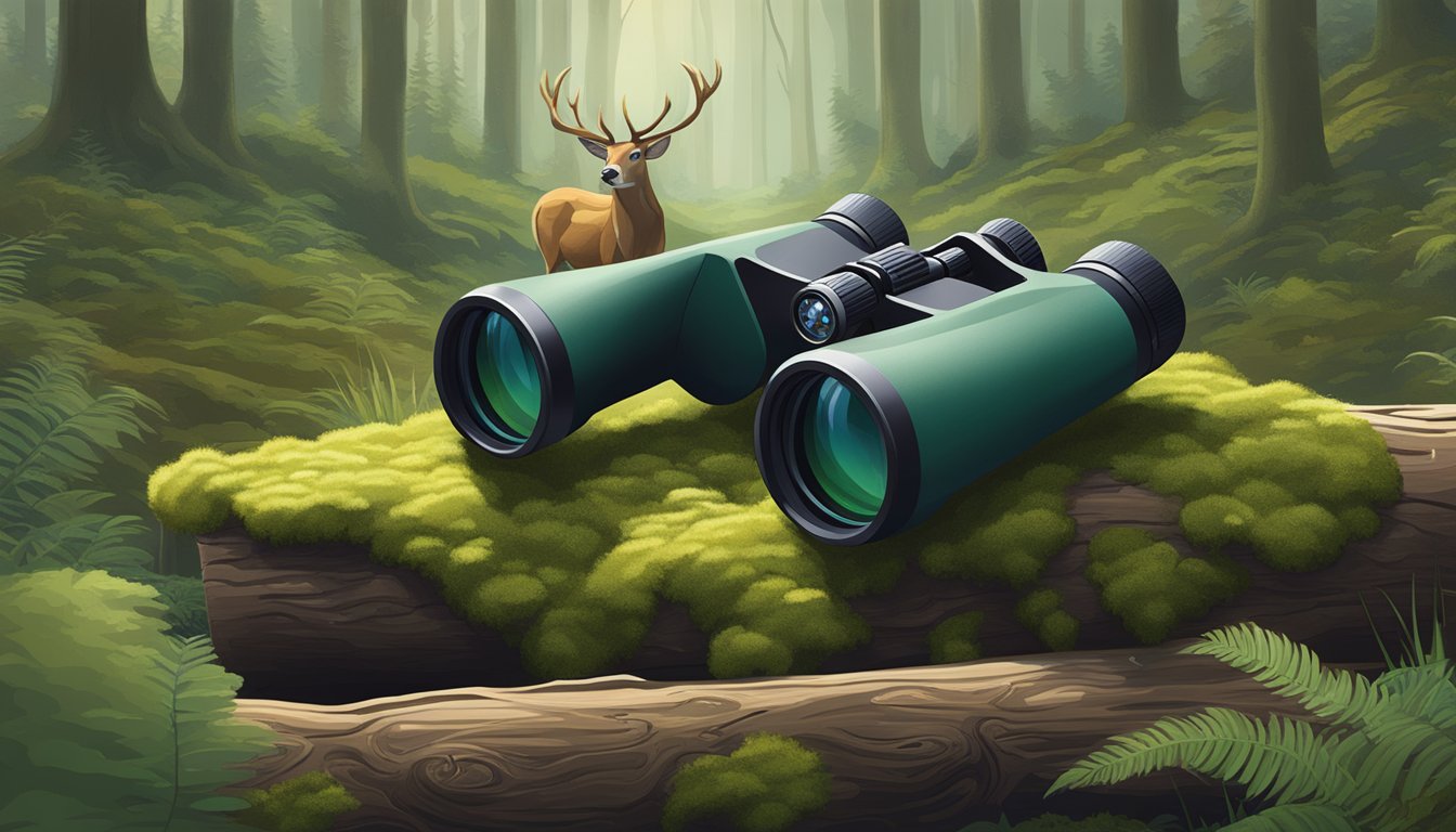 A pair of binoculars resting on a mossy log in a dense forest, with a deer grazing in the background