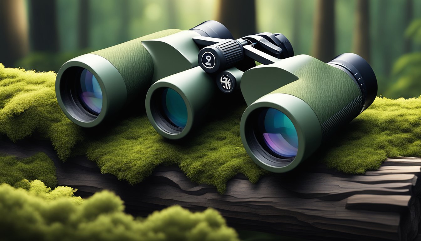 A pair of high-quality binoculars resting on a mossy log in a dense forest, with sunlight filtering through the trees