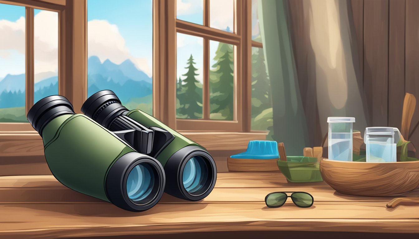 A pair of youth hunting binoculars being cleaned and stored in a protective case on a wooden table near a window