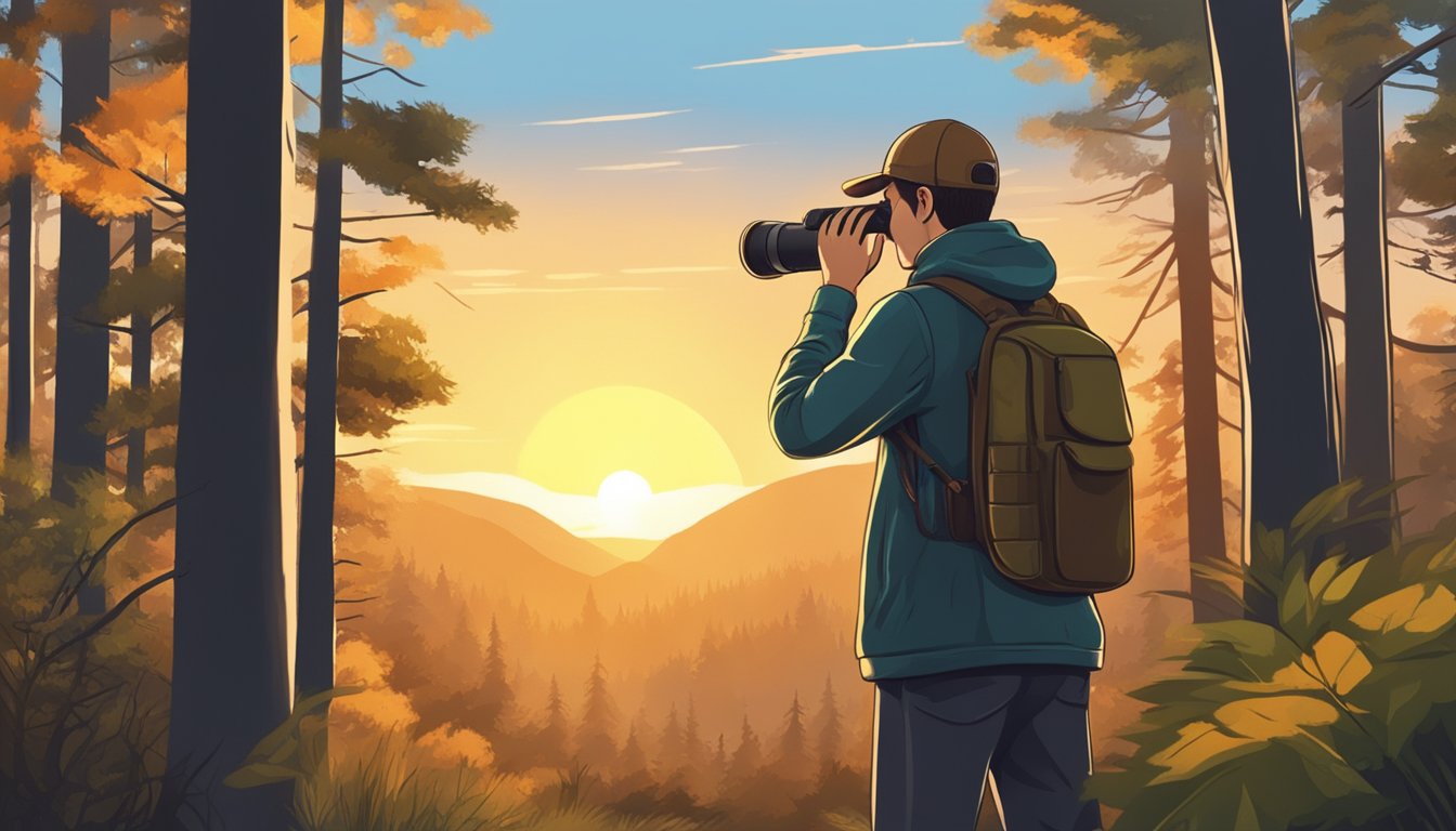 A young hunter peers through binoculars, scanning the forest for game. The sun sets behind the trees, casting a warm glow over the scene