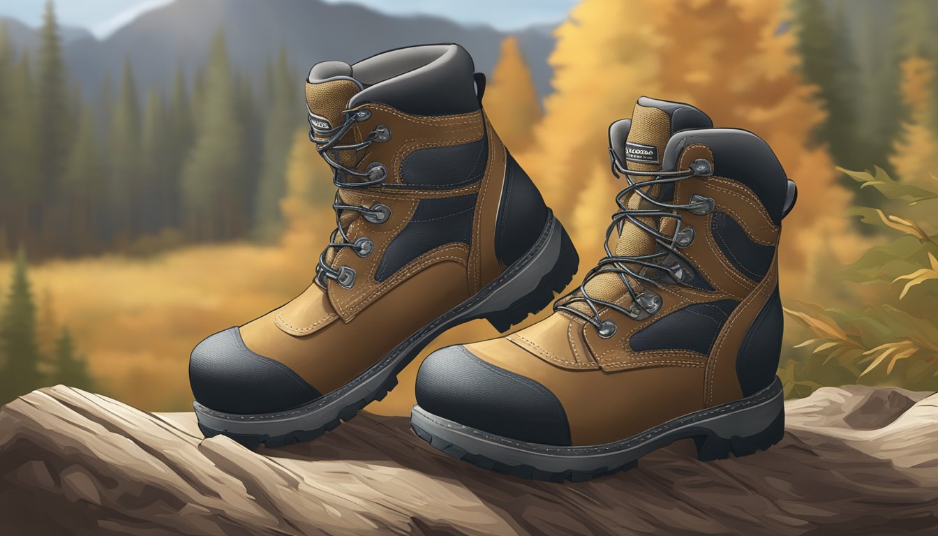 A pair of youth hunting boots being put to the test in rugged terrain, showcasing their durability and material quality