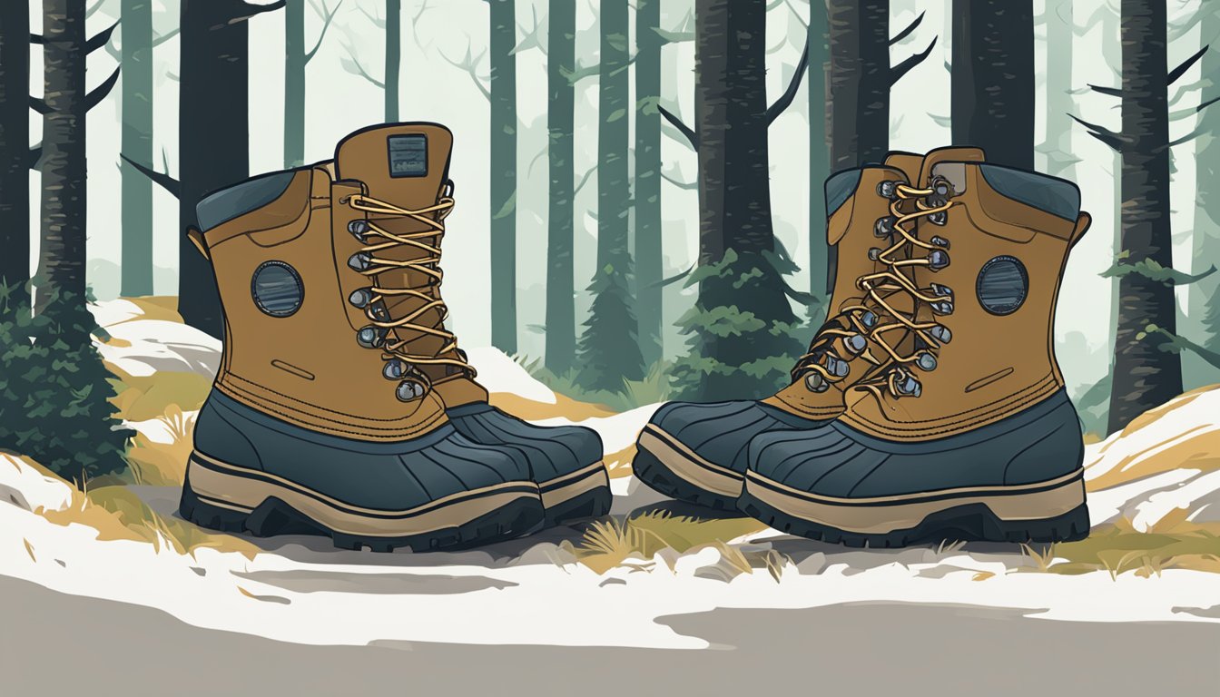 A pair of youth hunting boots being worn in a forest, showcasing both comfort and performance