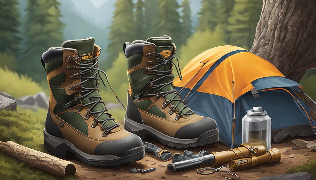 A pair of youth hunting boots displayed on Amazon, surrounded by outdoor gear and safety equipment