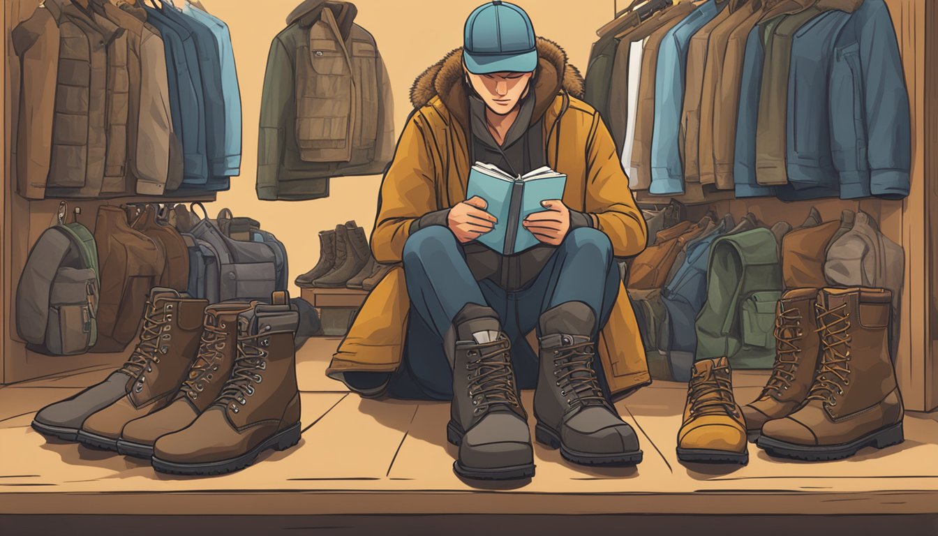 A young person browsing through various youth hunting boots on Amazon, comparing prices and reading customer reviews