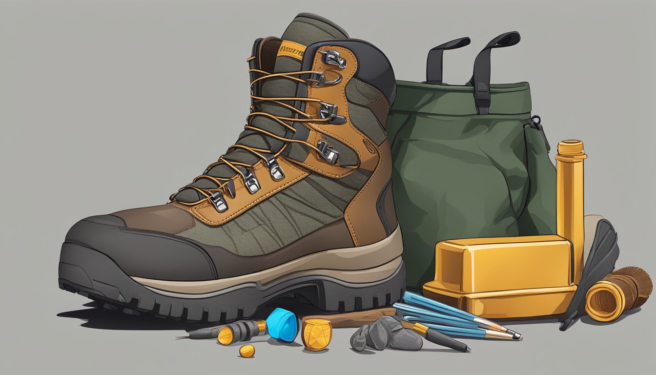 A pair of youth hunting boots with various accessories scattered around them, including waterproof covers, extra laces, and odor-eliminating inserts