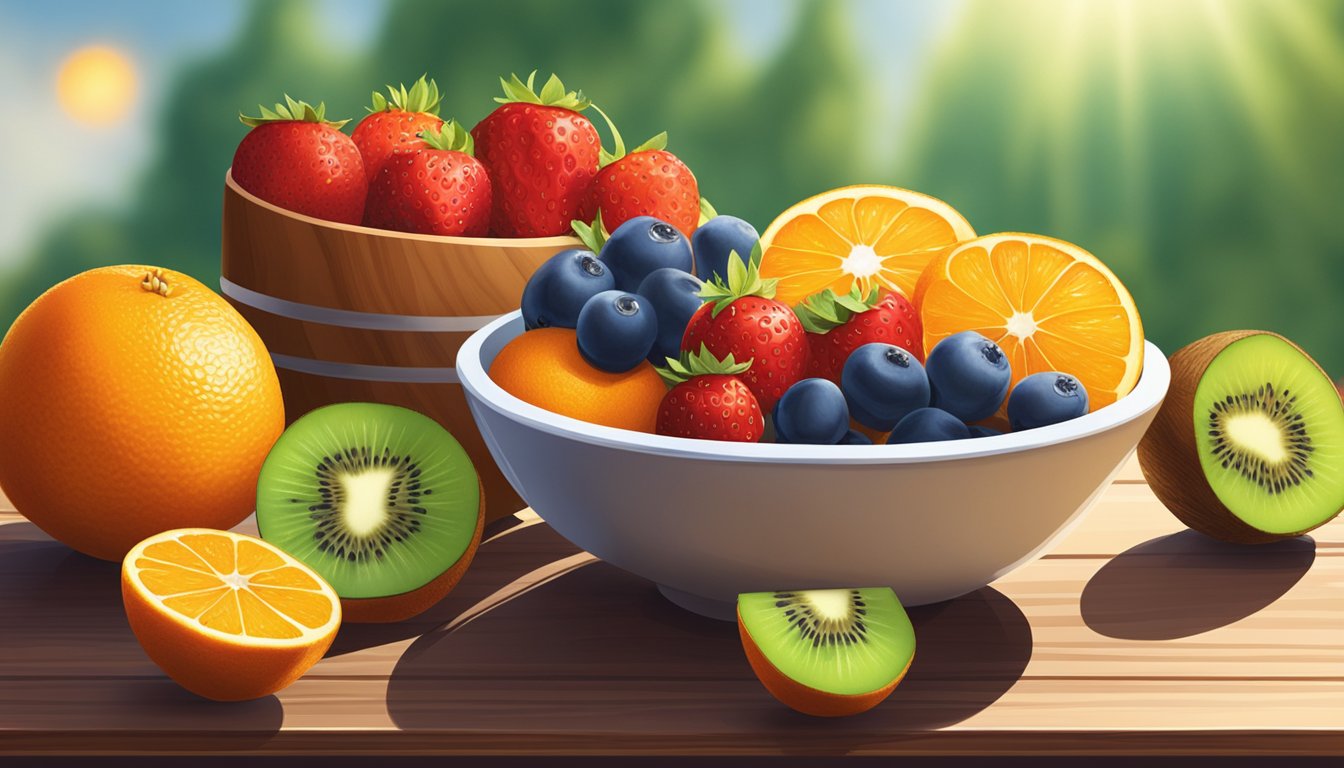 A bowl of assorted fruits, including oranges, strawberries, and kiwi, sits on a wooden table, with a bright spotlight shining on them