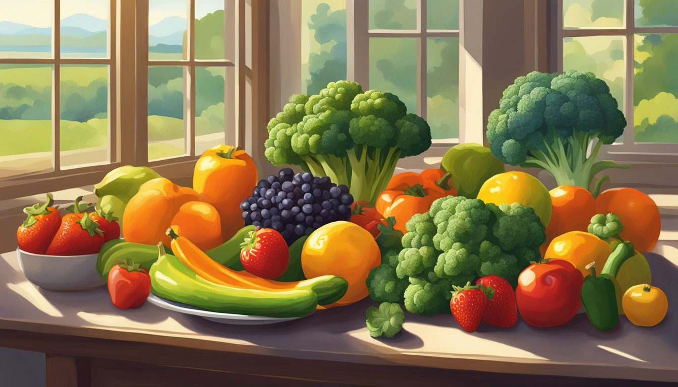 A colorful array of fresh fruits and vegetables, including oranges, strawberries, bell peppers, and broccoli, arranged on a table. Sunlight streaming in through a window highlights their vibrant hues