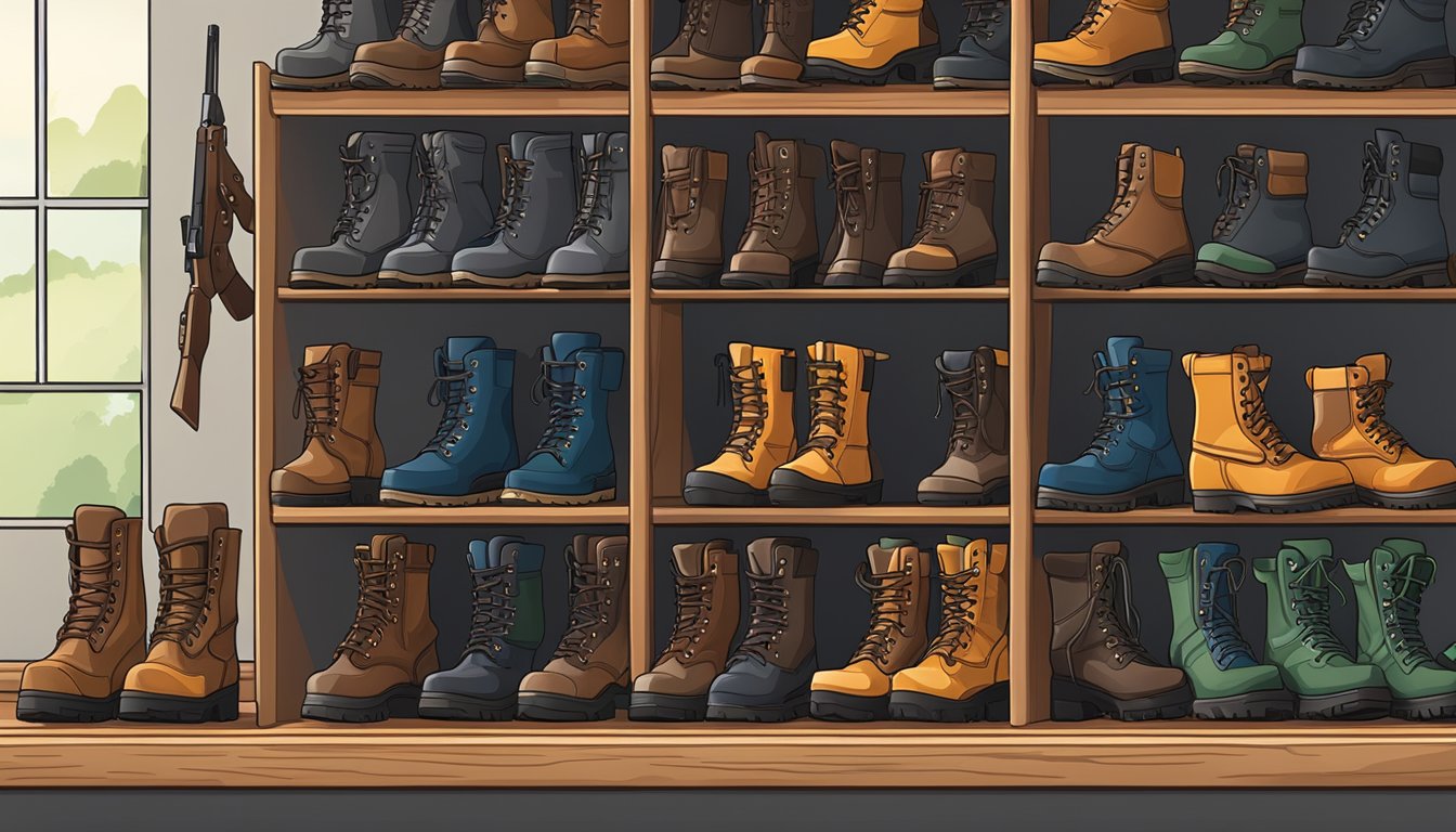 A pair of sturdy youth hunting boots displayed on a shelf in a store, surrounded by various outdoor gear and equipment