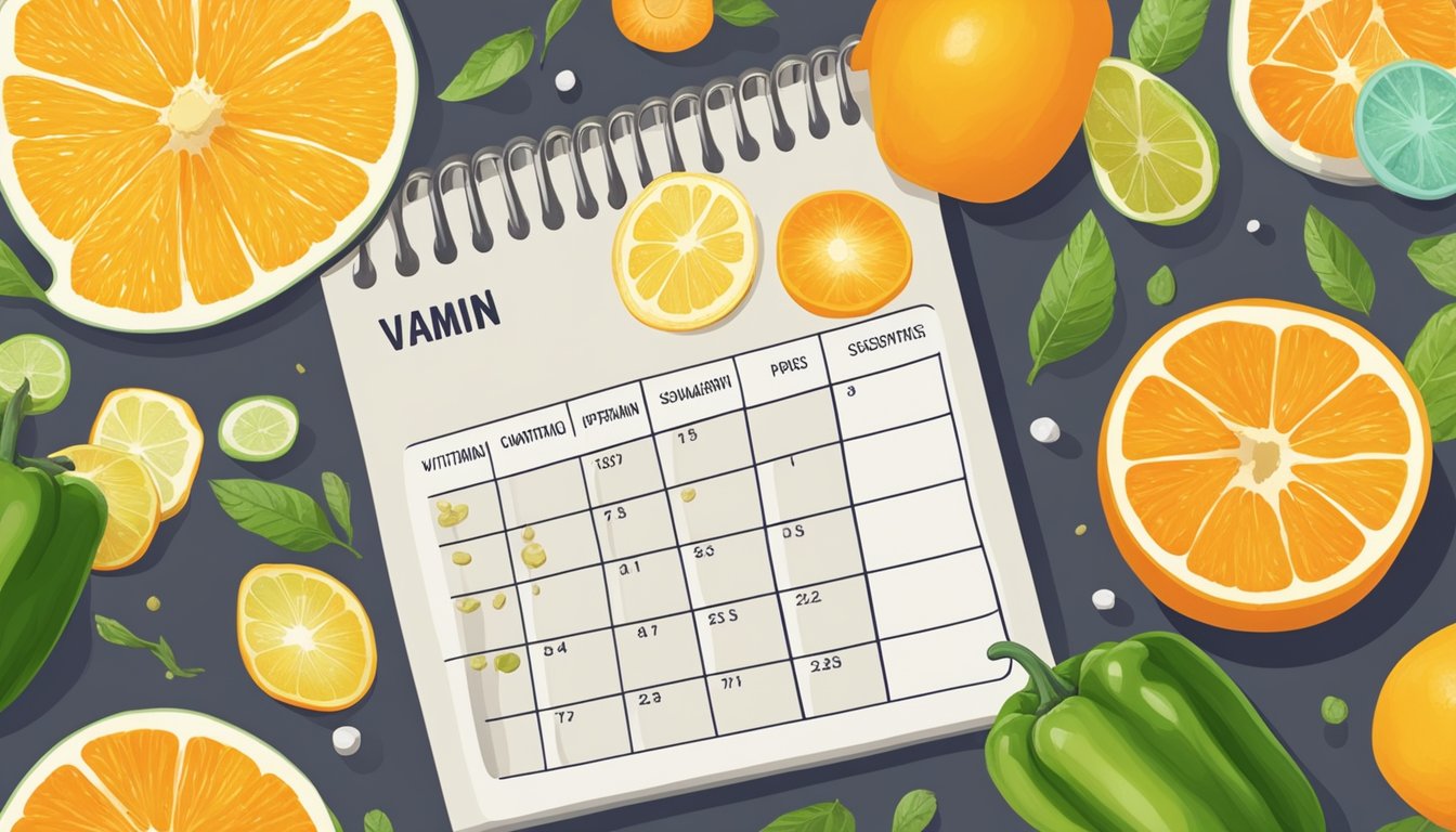 A table with various sources of vitamin C, such as oranges, bell peppers, and supplements, arranged neatly with a calendar showing the passage of time