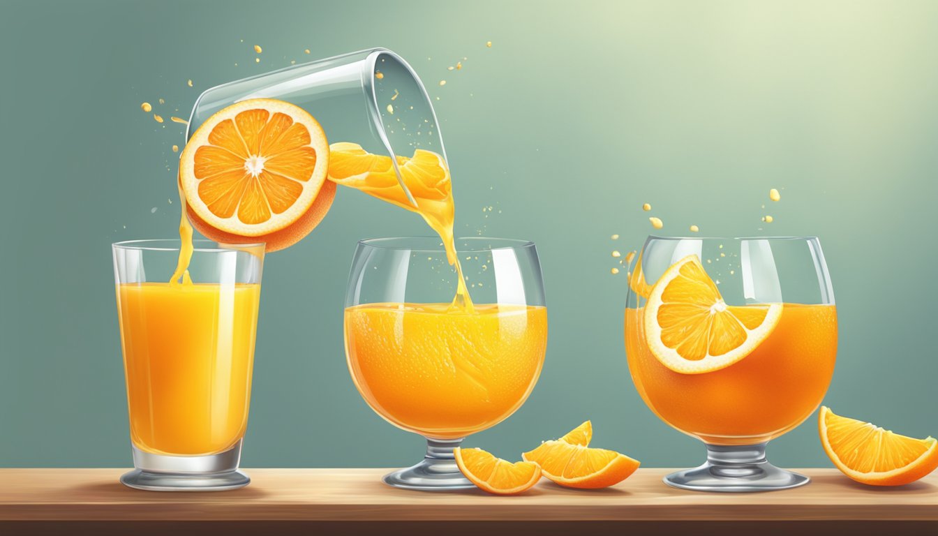 A ripe orange being squeezed, releasing juice into a glass