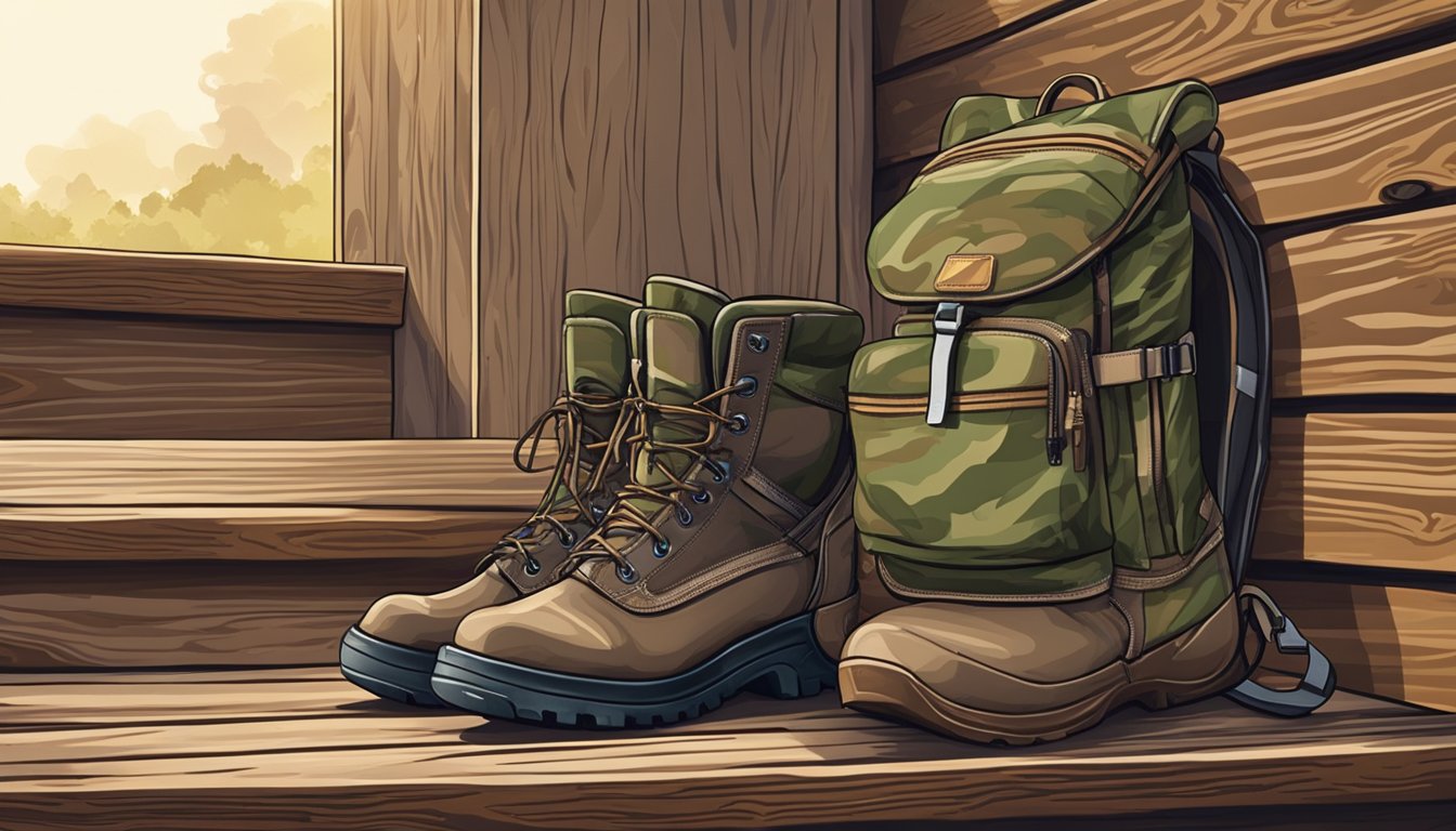 A pair of sturdy youth hunting boots sits on a wooden porch next to a camouflaged backpack and a hunting rifle leaning against the wall