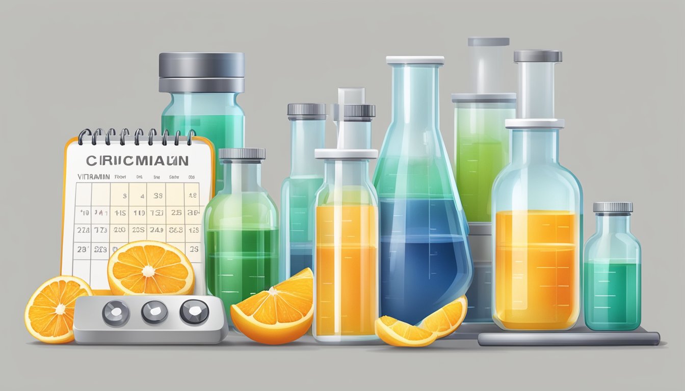 A laboratory setup with various containers of vitamin C solution, a stopwatch, and a calendar to measure potency and shelf life