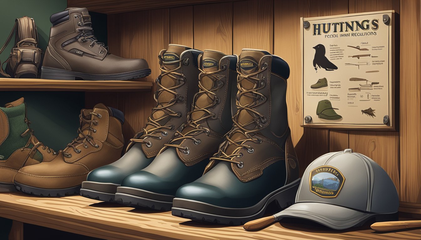 A pair of youth hunting boots displayed on a wooden shelf, surrounded by hunting gear and a sign detailing local hunting and footwear regulations