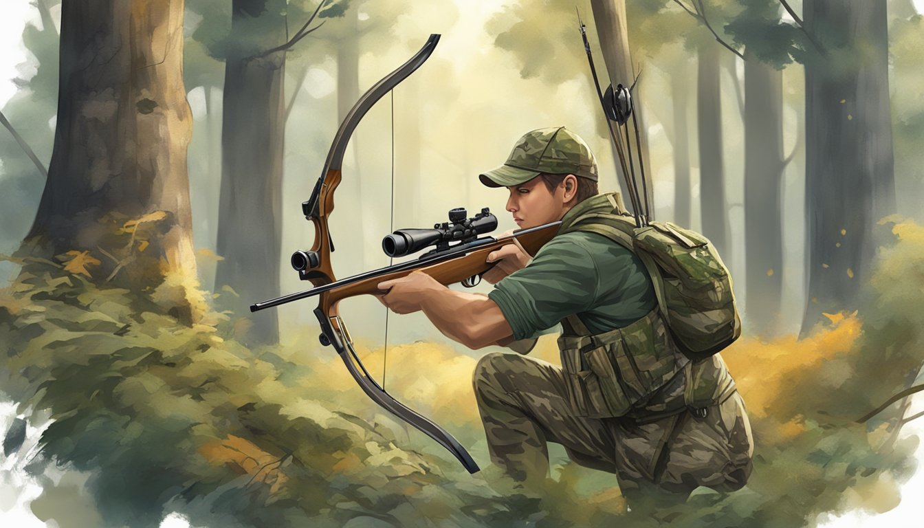 A young hunter in camouflage gear aiming a bow at a deer in a forest clearing