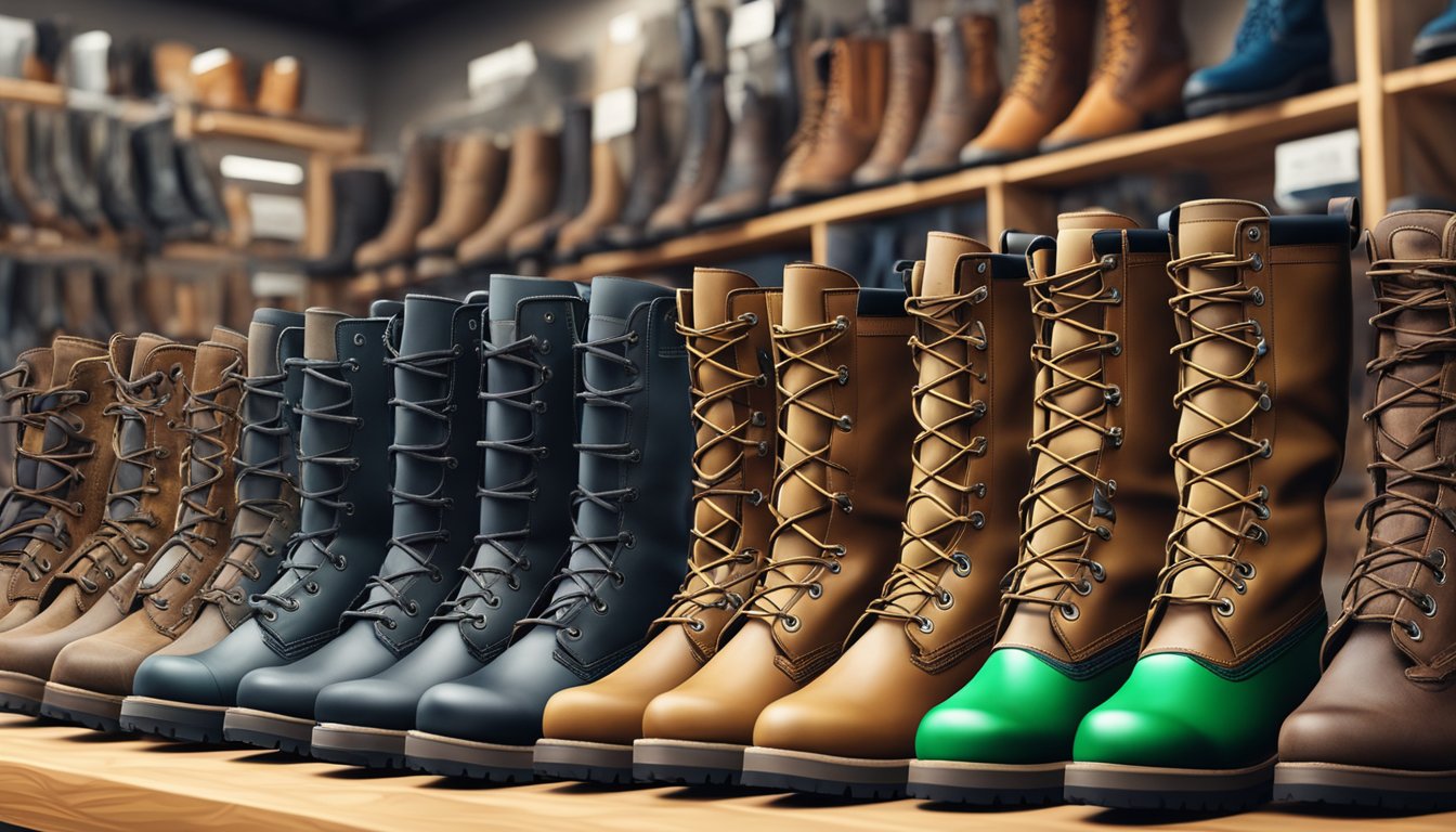 A group of youth hunting boots from popular brands and models displayed in a local outdoor gear store