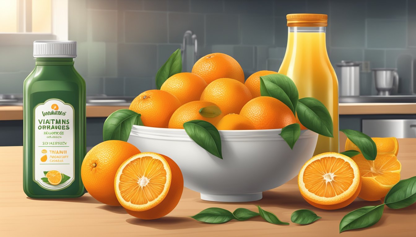 A bowl of ripe oranges, freshly squeezed juice, and a bottle of vitamin C supplements on a kitchen counter