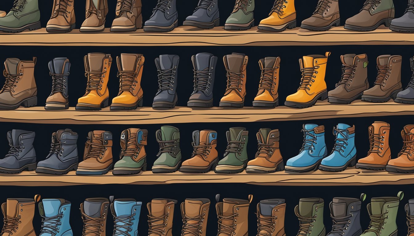 A pair of youth hunting boots displayed on a shelf in an outdoor retail store, surrounded by other hunting and outdoor gear