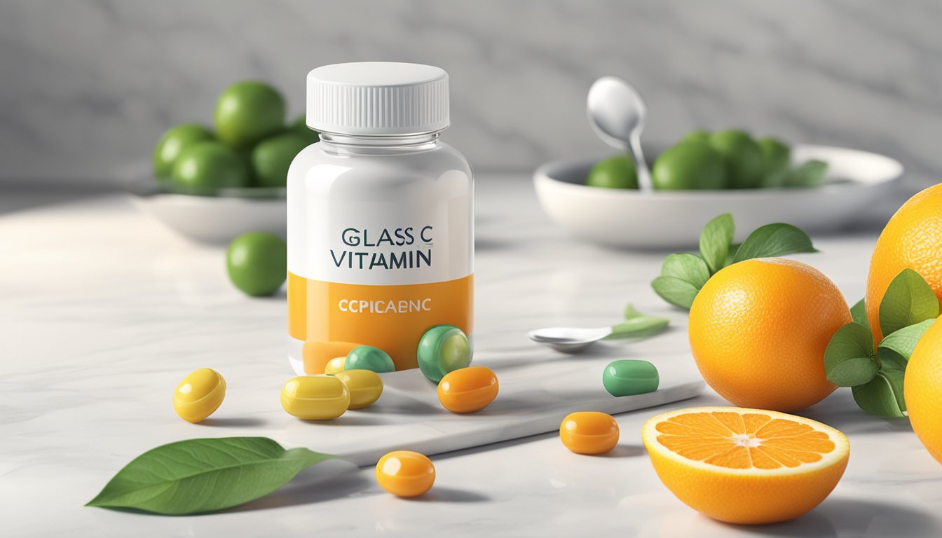 A glass bottle of vitamin C capsules sits on a white marble countertop, surrounded by fresh citrus fruits and a measuring spoon