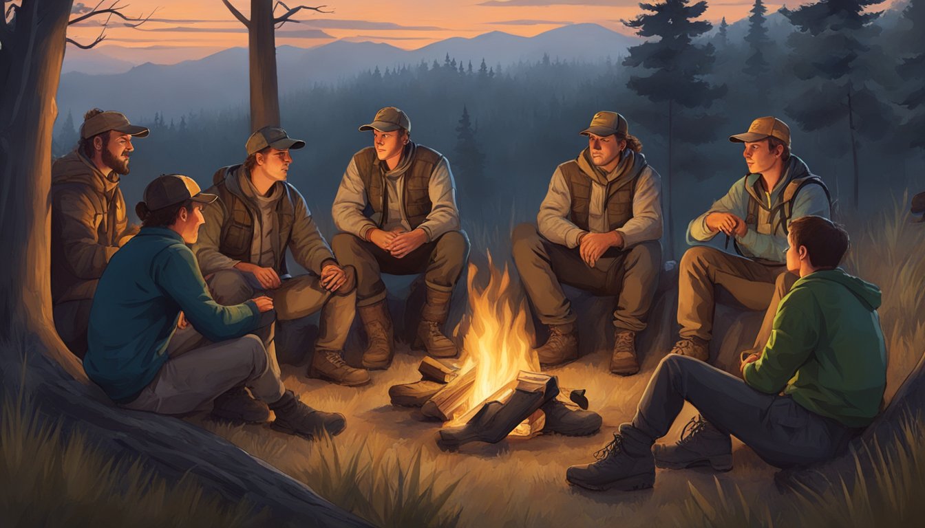 A group of young hunters gather around a campfire, eagerly listening to an older mentor share hunting stories and tips