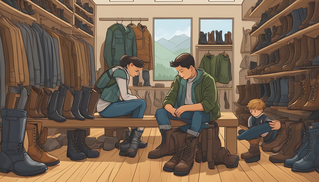 A person sits on a bench surrounded by various styles of youth hunting boots, trying on different pairs while a salesperson assists