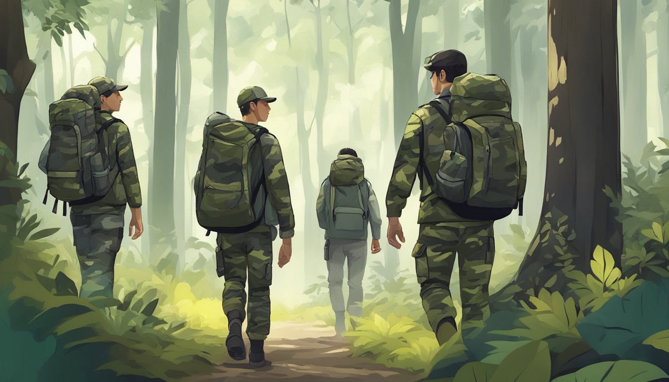 A group of young people in camouflage gear and carrying backpacks, quietly walking through a dense forest with their eyes focused on the surrounding trees