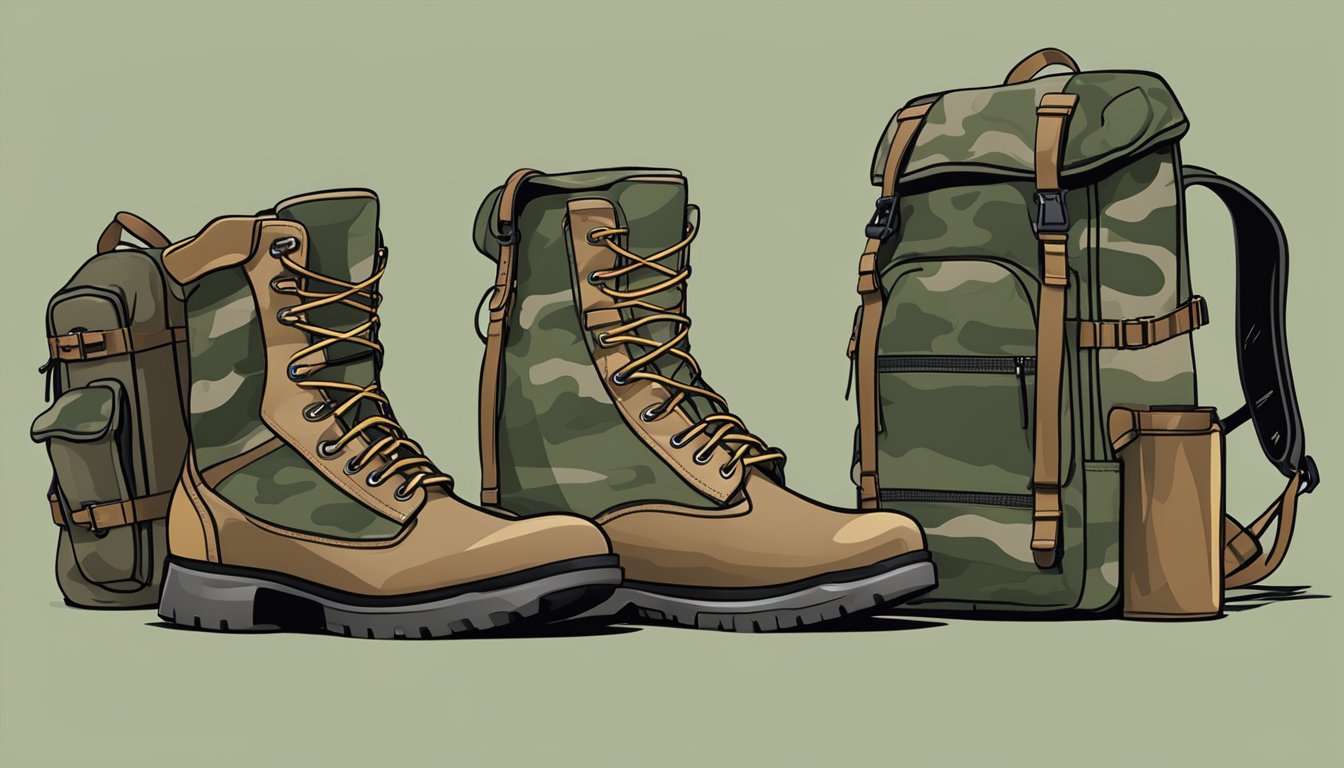 A pair of sturdy youth hunting boots sit next to a camouflage backpack and a rifle, ready to be worn for a day in the field