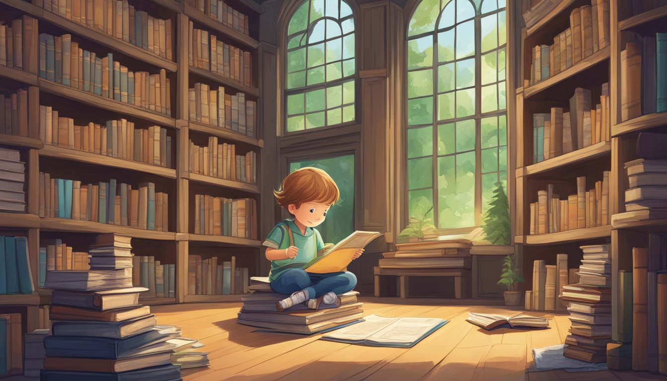 A child sits at the crossroads of a forest and a library, surrounded by stacks of books and a map, eagerly planning their next adventure