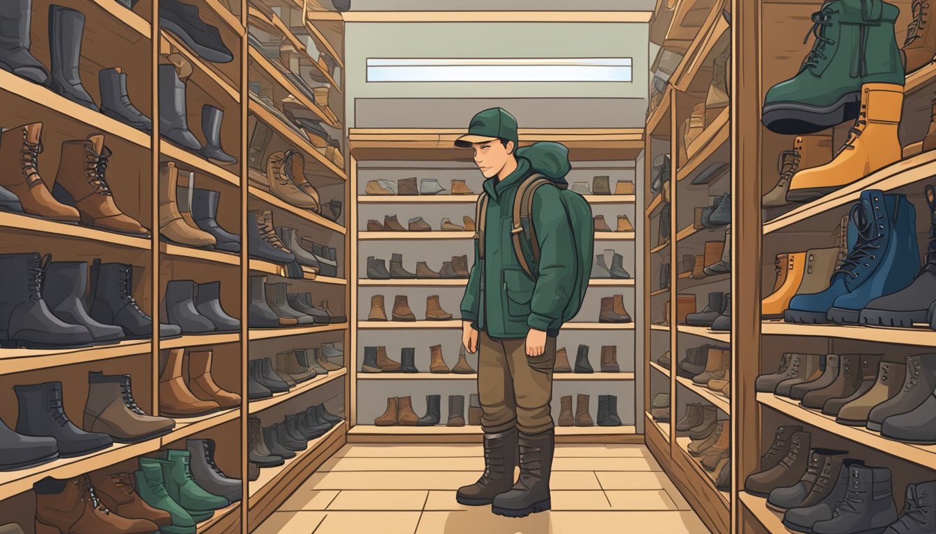 A young hunter tries on a pair of sturdy boots in a well-stocked outdoor store. The shelves are filled with various hunting gear and equipment