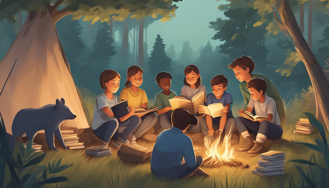 A group of young readers sitting around a campfire, surrounded by nature, with books about wildlife and conservation spread out in front of them