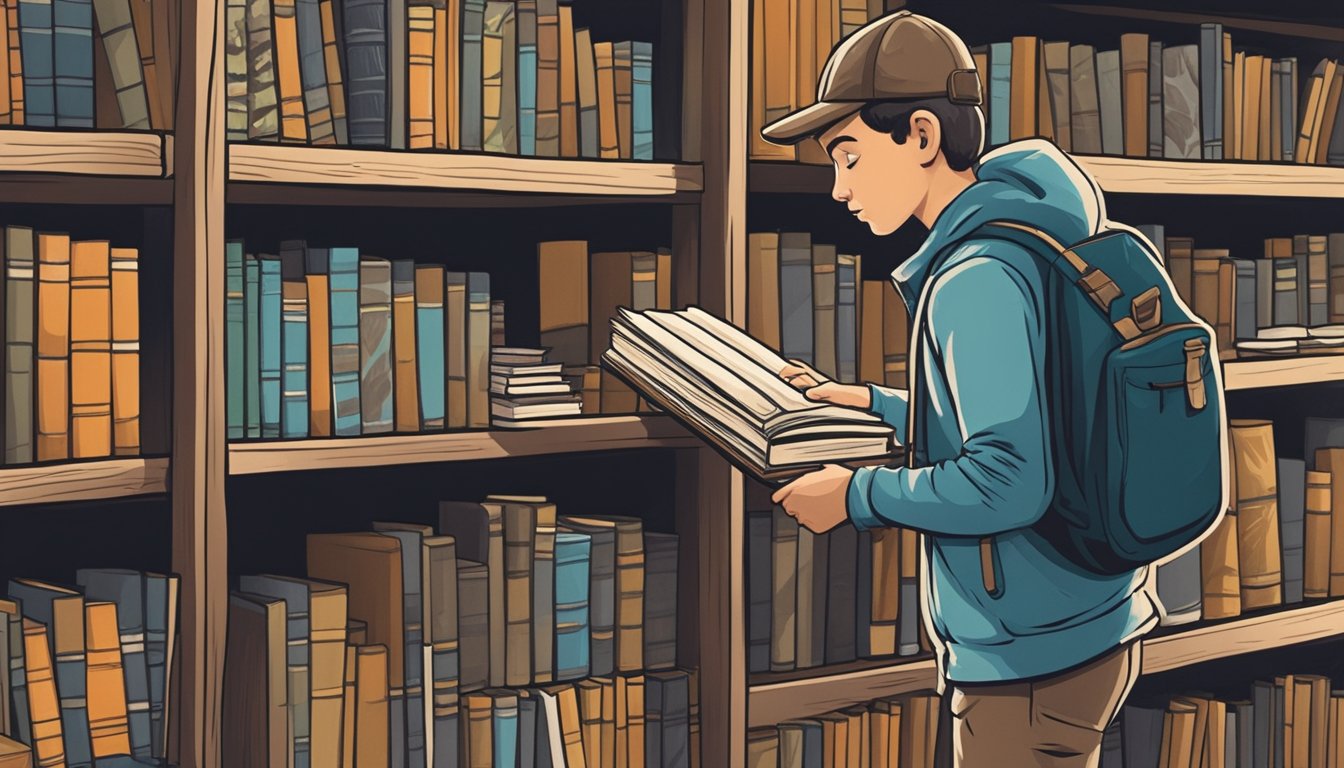 A young hunter browsing a shelf of youth hunting books, carefully selecting one to take home