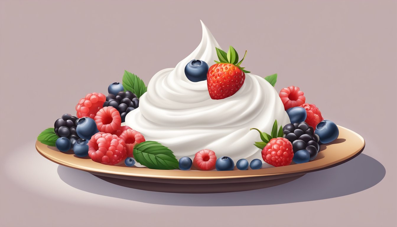 A dollop of whipped cream sits on a plate, surrounded by berries. The cream is smooth and firm, with no signs of separation or discoloration