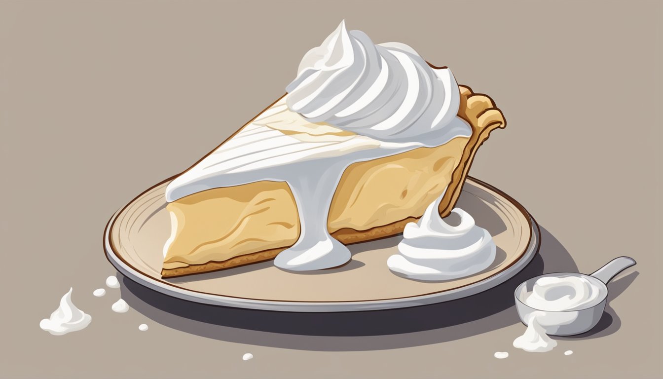 A dollop of whipped cream sits on a slice of pie, untouched. A calendar on the wall shows the current date, emphasizing the importance of knowing how long whipped cream lasts