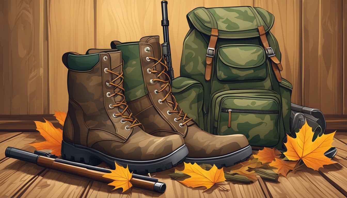 A pair of youth hunting boots placed on a wooden floor with scattered leaves and twigs, surrounded by a camouflaged backpack and a hunting rifle