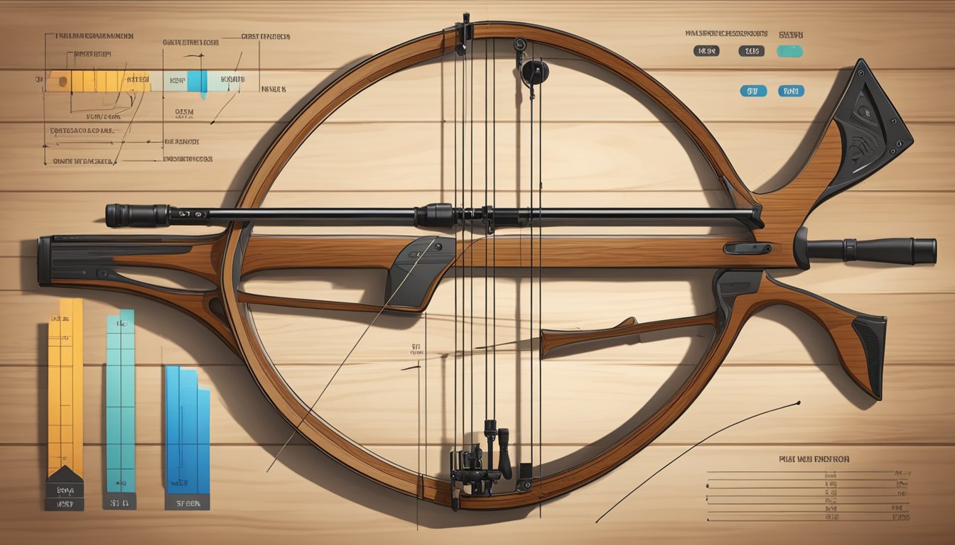 A youth hunting bow with specific measurements and features laid out on a wooden table in a well-lit room