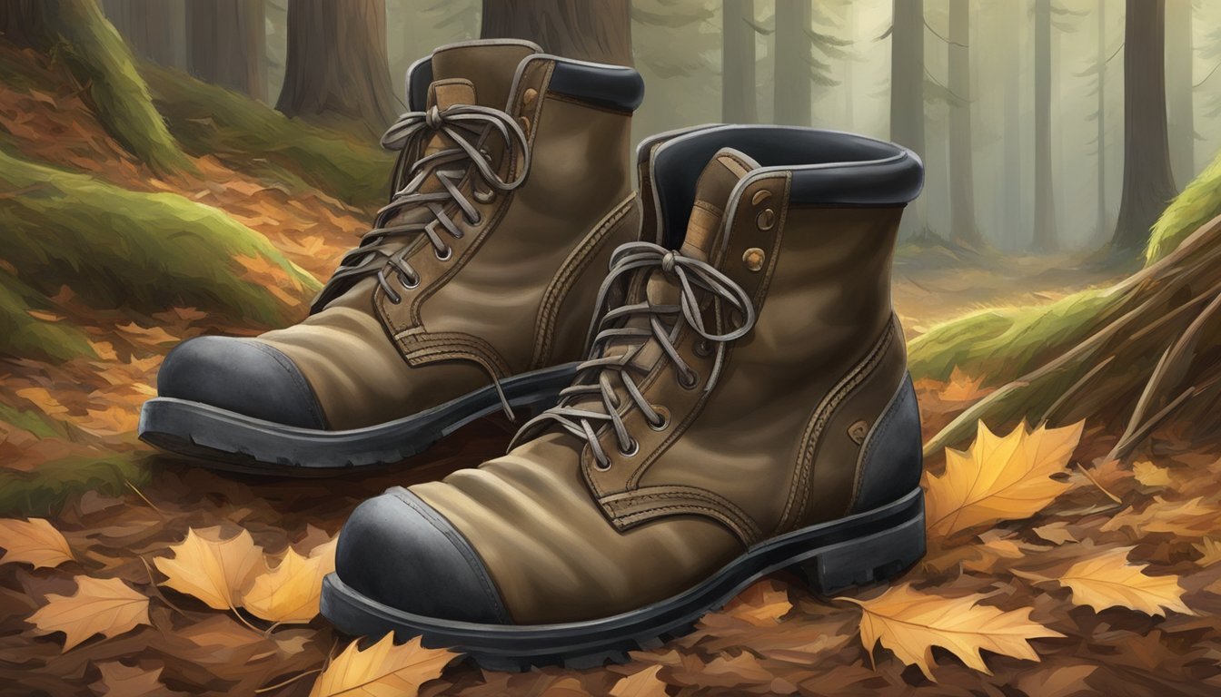 A pair of sturdy hunting boots on a forest floor, surrounded by fallen leaves and pine needles. The boots are well-worn but still in good condition, with thick soles and durable laces