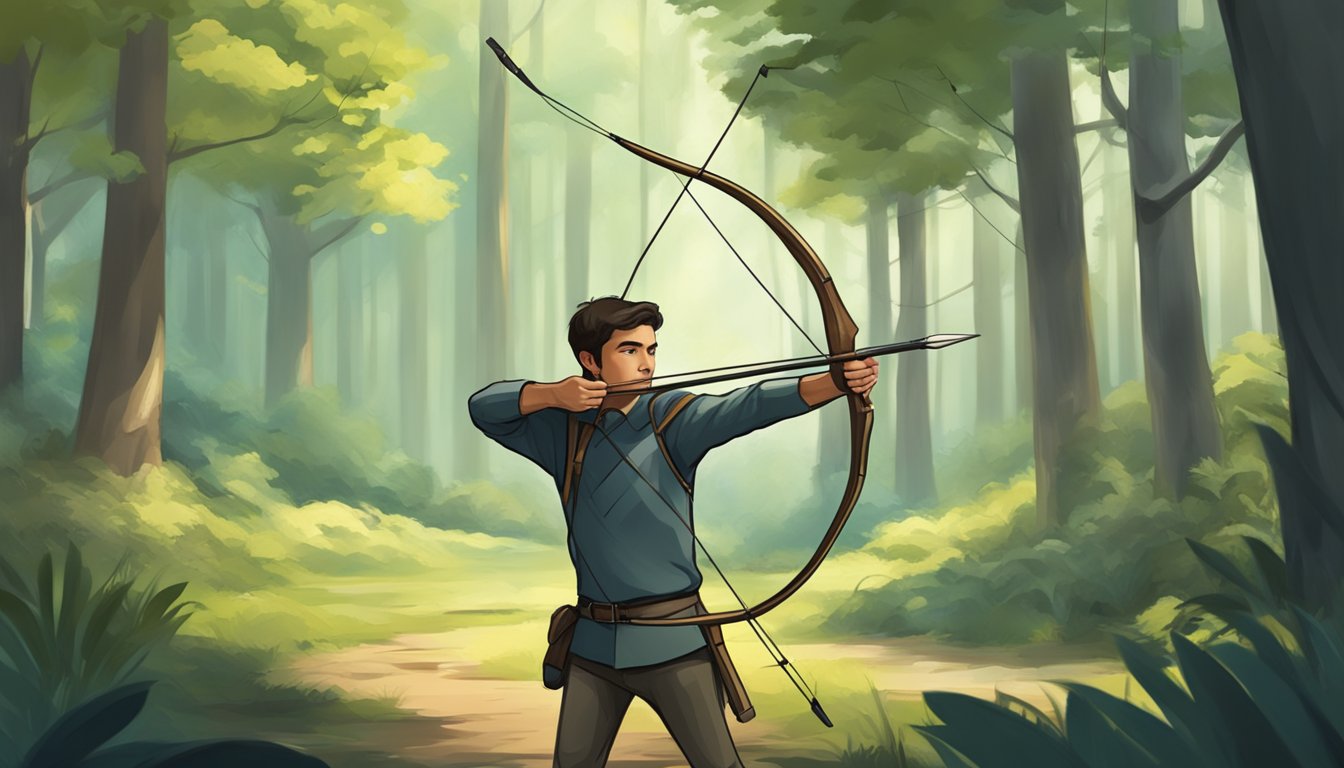 A young archer practices with a hunting bow amidst a forest clearing, focused and determined to develop their skills